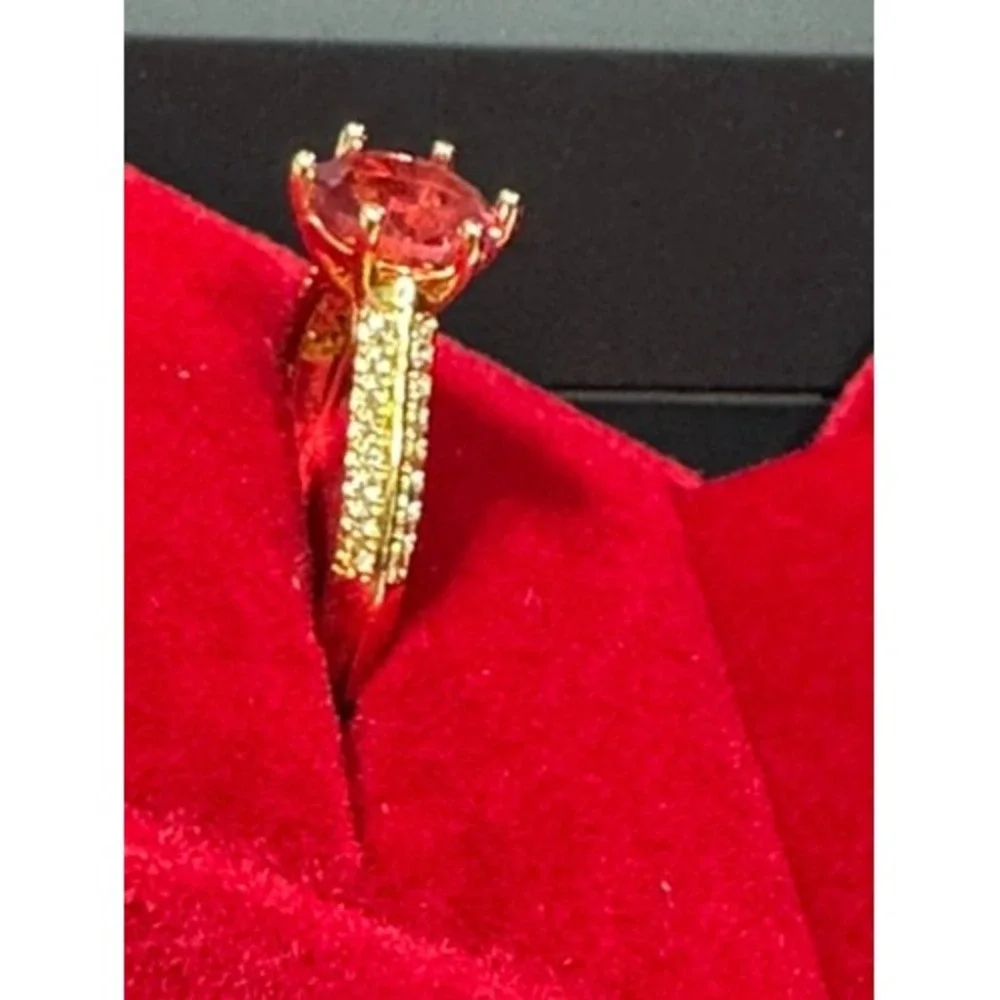 Gold Tone Pink Sapphire Round Cut Pave Band Cocktail Ring Size 7.25